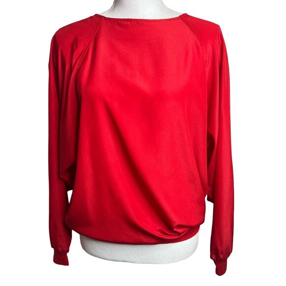 Vintage 80s Size Medium Red Dolman Sleeve Blouson Top Long Sleeve Lightweight - Picture 1 of 9